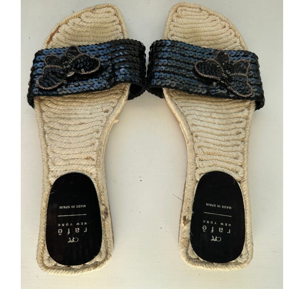 Rafe New York Black Sequin Butterfly Espadrille Slide Sandal Shoes 38 / 7.5